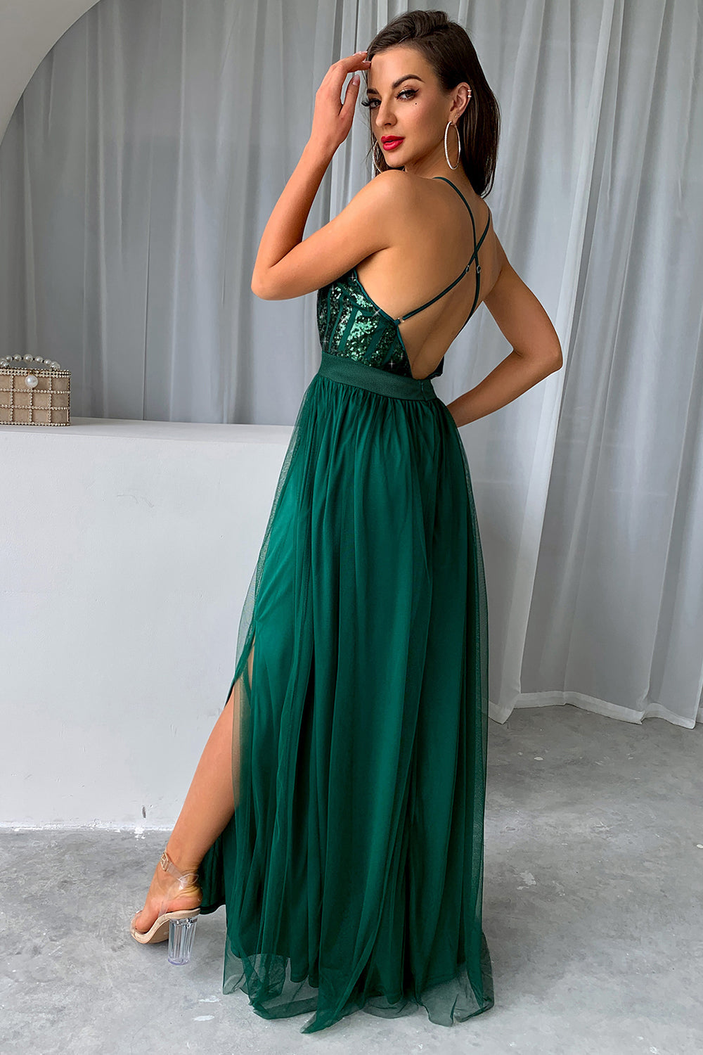 Sequin Party Dress with Green V-neck