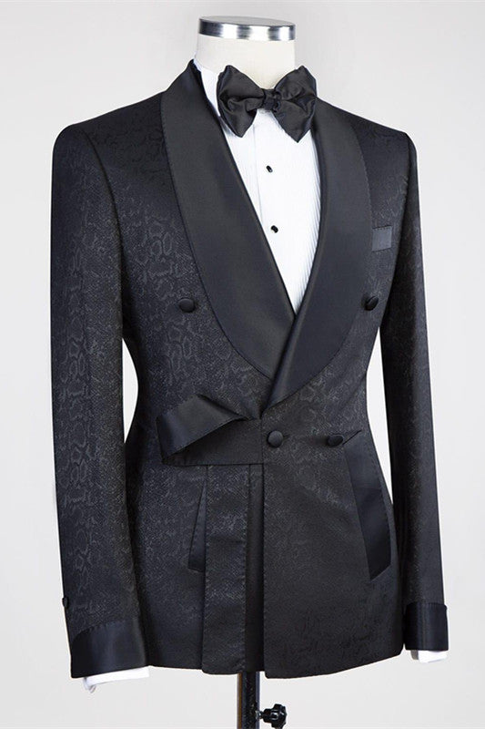 Black Shawl Lapel Double-Breasted Jacquard Wedding Suit