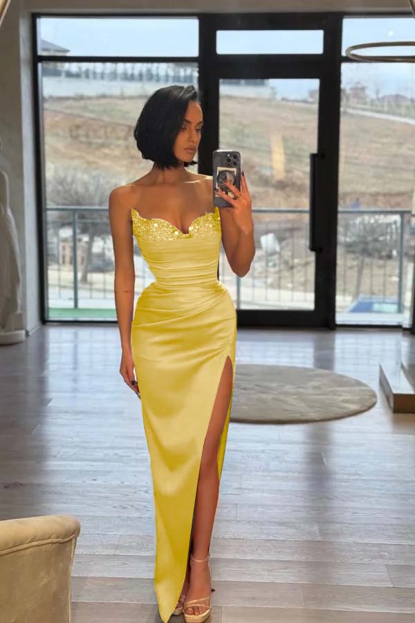 Strapless Sleeveless Long Split Formal Dress With Pleated Sequins