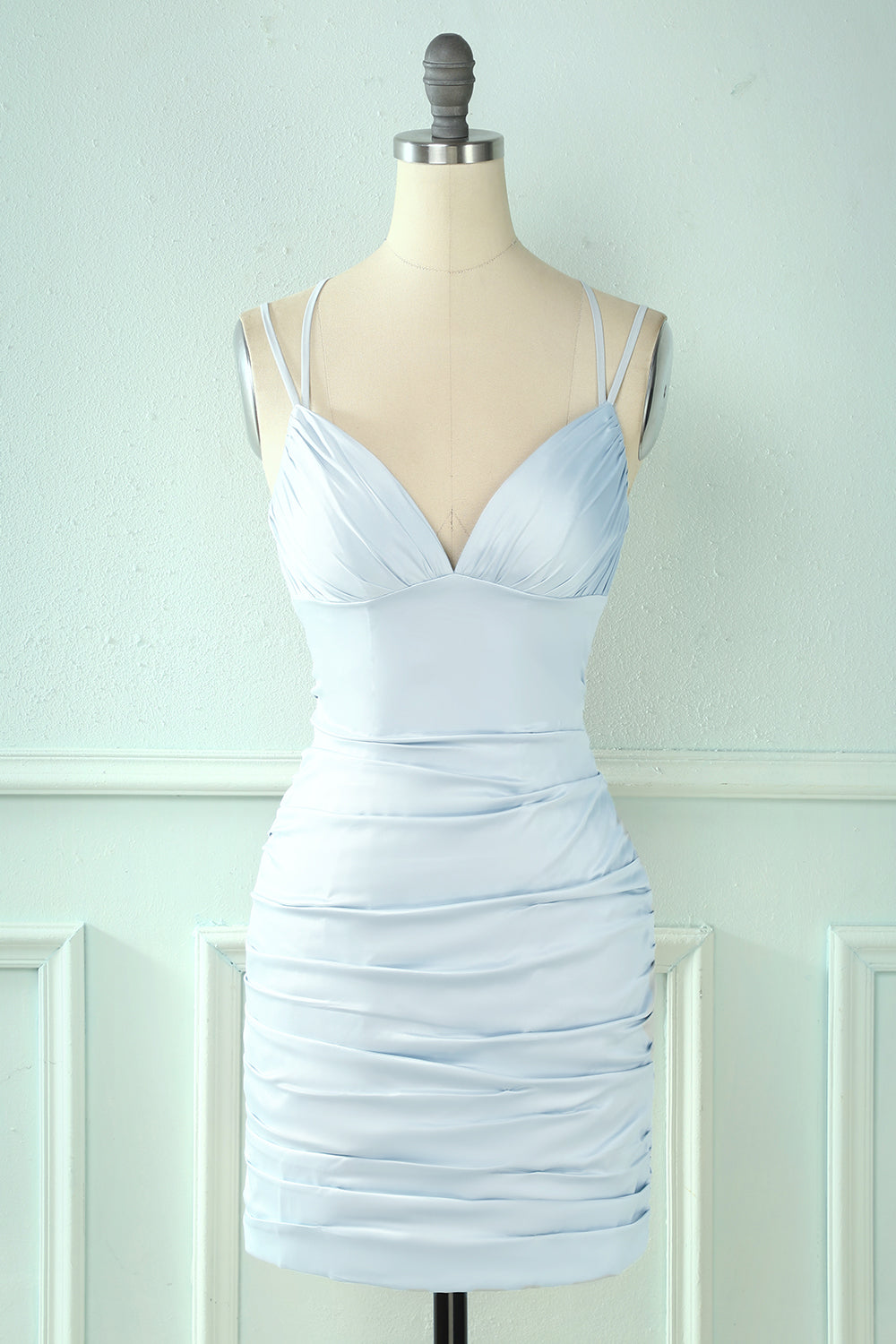 Baby Blue Tight Lace-Up Back Ruched Homecoming Dress/Mini Dress