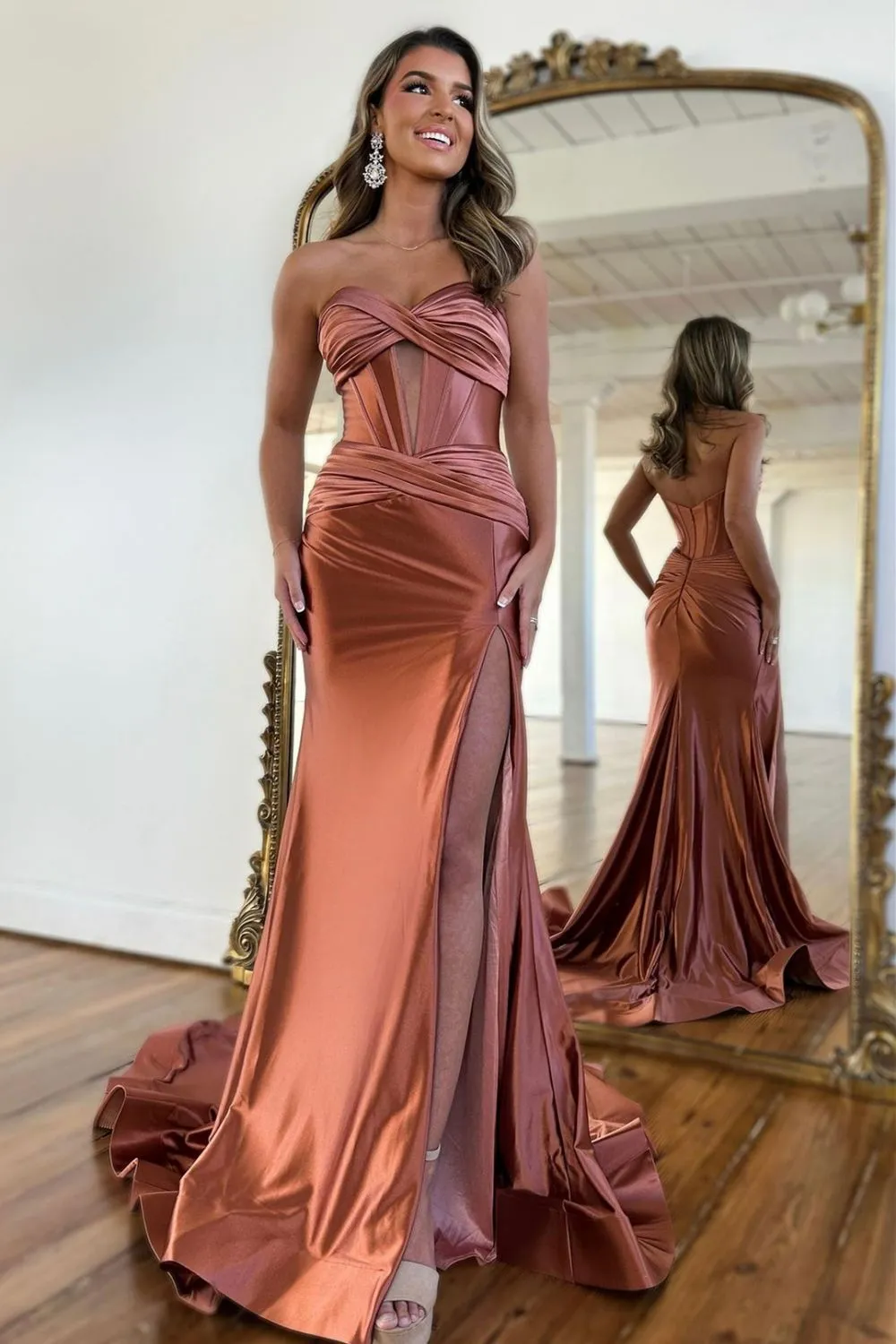 Long Orange Satin Mermaid Prom Dress with Corset and Slit