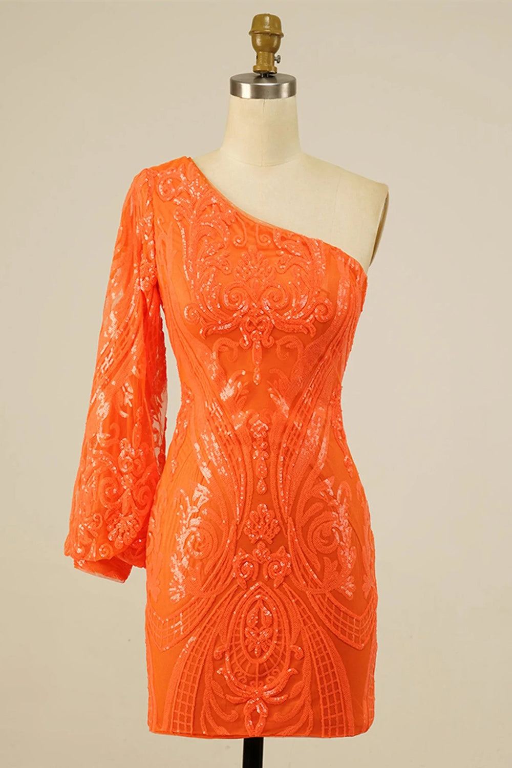 Orange Beaded Sequins One Shoulder Tight Homecoming Dress/Mini Dress