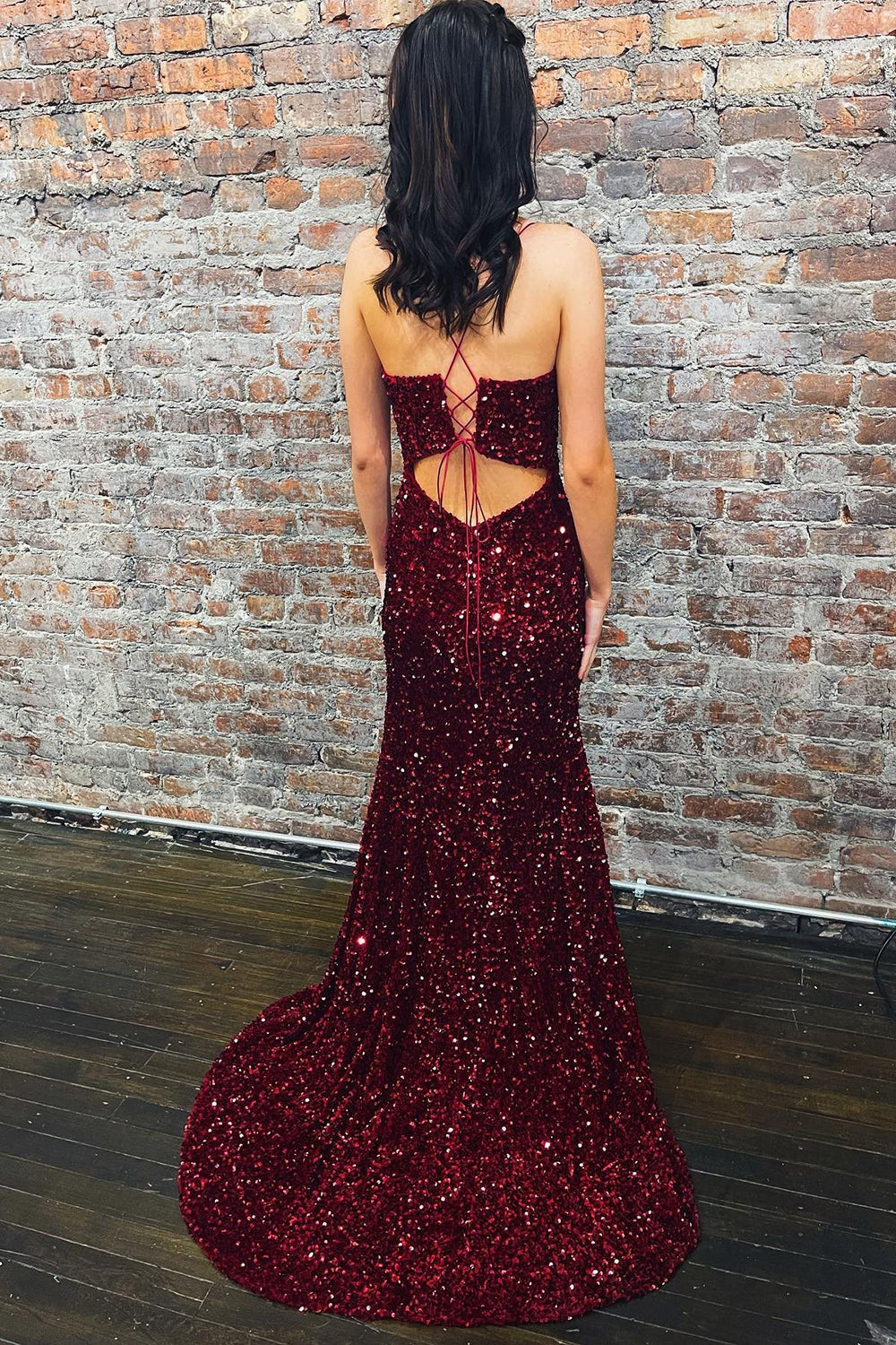 Burgundy Sequined Long Prom Dress with Deep V Neck and Silt in Mermaid Style