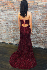 Burgundy Sequined Long Prom Dress with Deep V Neck and Silt in Mermaid Style