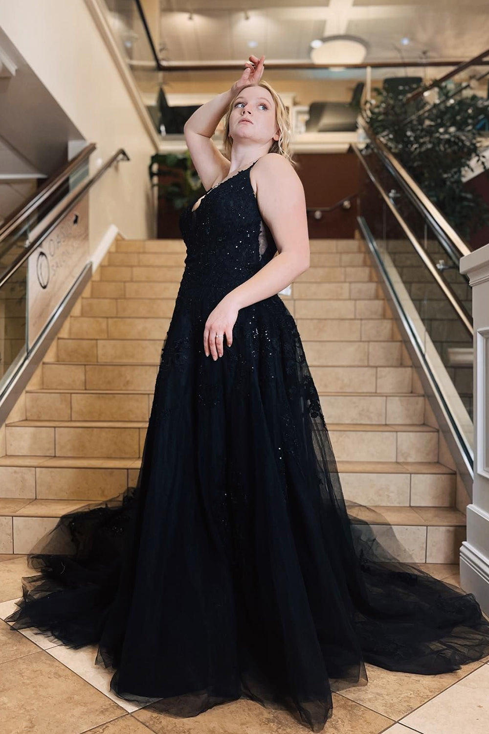 A-Line Prom Dress with Black Spaghetti Straps and Appliques