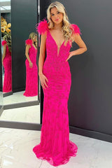 Hot Pink Long Prom Dress with Deep V Neck and Mermaid Feather Design