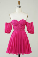 Sparkly Fuchsia Lace-Up Back A-Line Short Homecoming Dress/Mini Dress with Lace