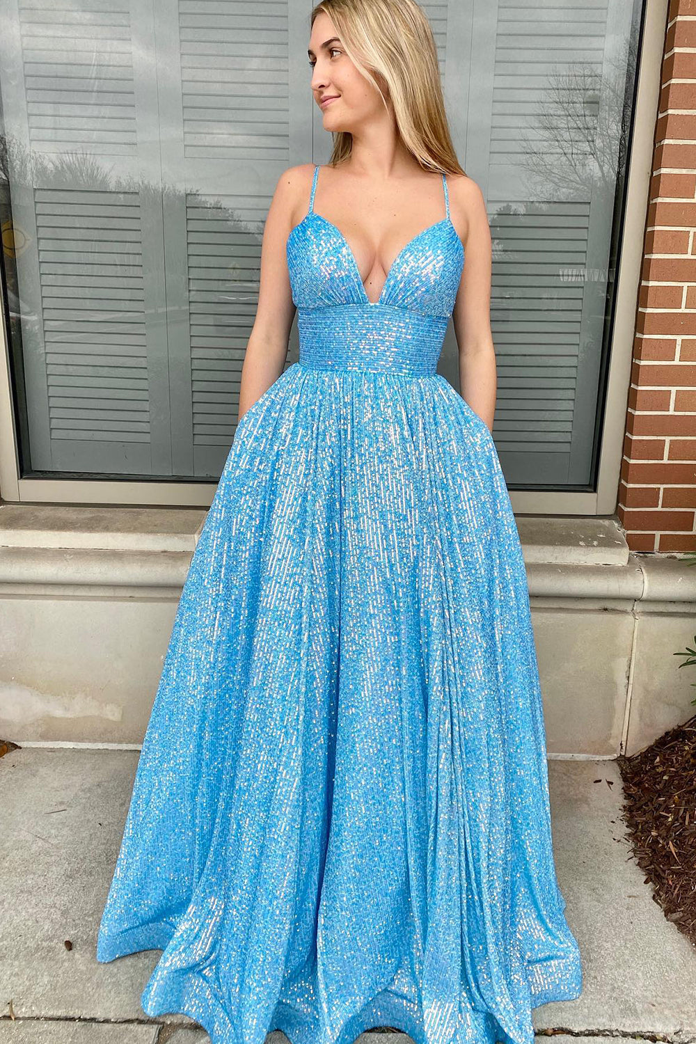 Long A-Line Prom Dress with Fuchsia Sequins and Spaghetti Straps