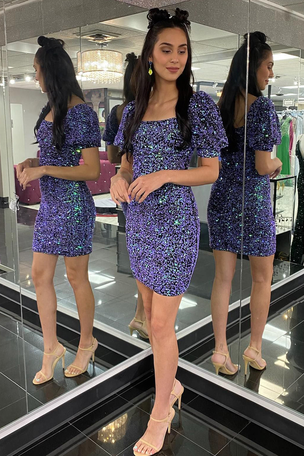 Sparkly Purple Sequins Short Sleeves Tight Homecoming Dress/Mini Dress