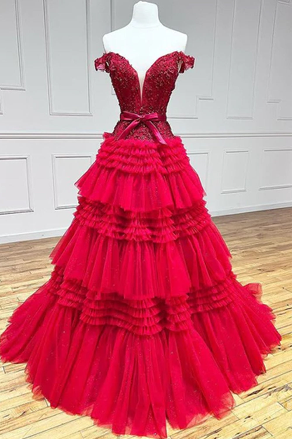 Light Pink Long A-Line Prom Dress with Ruffles and Off-the-Shoulder Princess Neckline