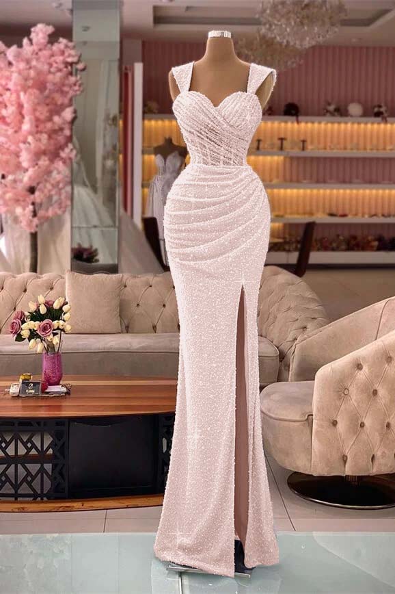 Classic Mermaid Sequins Sweetheart Split Straps Evening Dress With Pleated