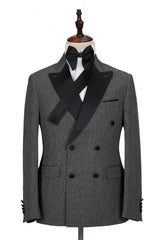 Black-and-Gray Cruciform Satin Double-Breasted Peak Lapel Men's Formal Suit