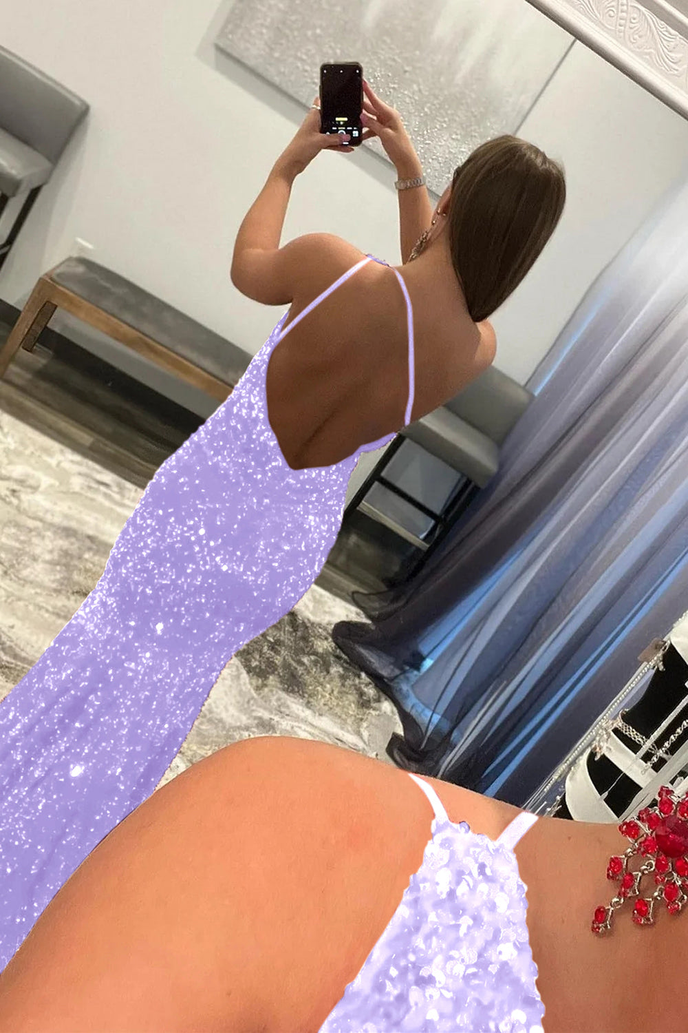 Long Burgundy Prom Dress with Mermaid Sequins