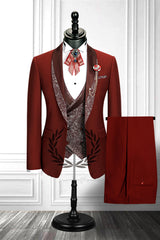 Stylish Red Stitching Lapel Double-Breasted Waistcoat Three-Piece Men's Suit