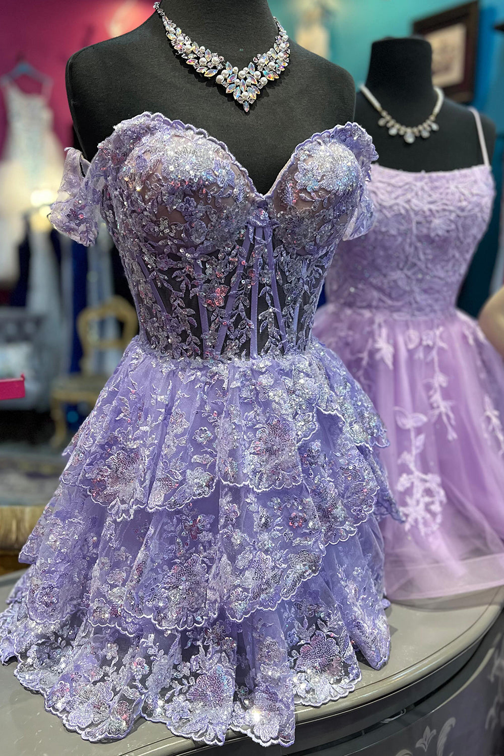 Sparkly Blue Corset Tiered Lace A-Line Short Homecoming Dress/Mini Dress