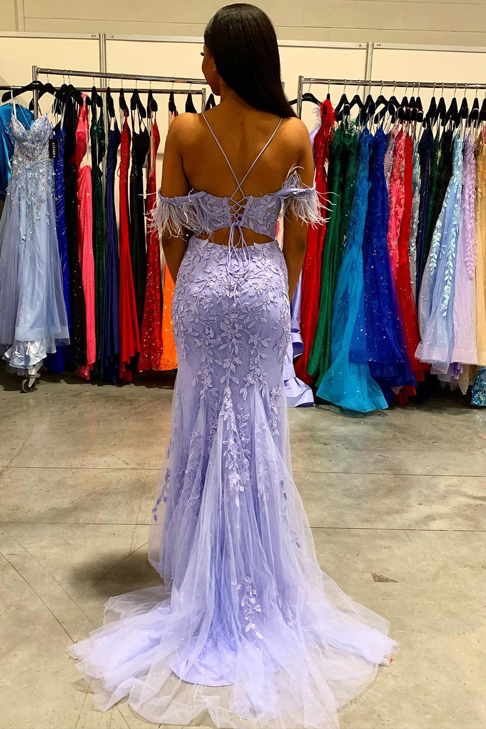 Lilac Long Prom Dress with Feathers in a Mermaid Off-the-Shoulder Style