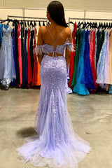 Lilac Long Prom Dress with Feathers in a Mermaid Off-the-Shoulder Style