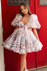 Ivory Puff Sleeves A-Line Floral Short Homecoming Dress/Mini Dress with Ruffles