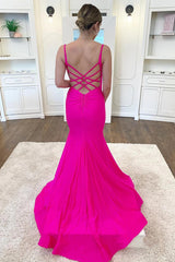 Long Mermaid Prom Dress in Fuchsia with Spaghetti Straps and Criss Cross Back