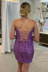 Sparkly Purple Sequin Lace-Up Tight Short Homecoming Dress/Mini Dress