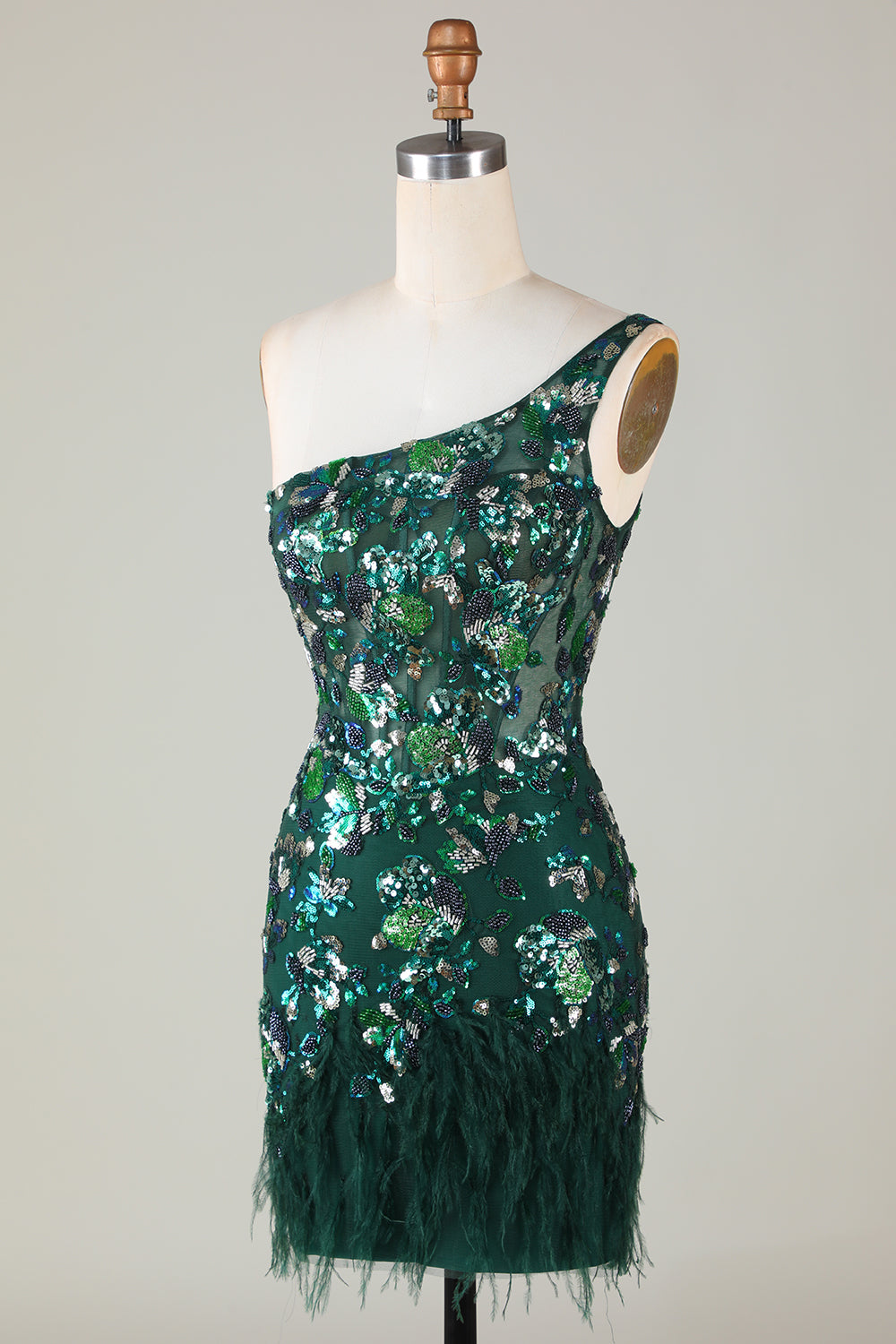 Sparkly Dark Green Tight Short Beaded Homecoming Dress/Mini Dress with Feathers