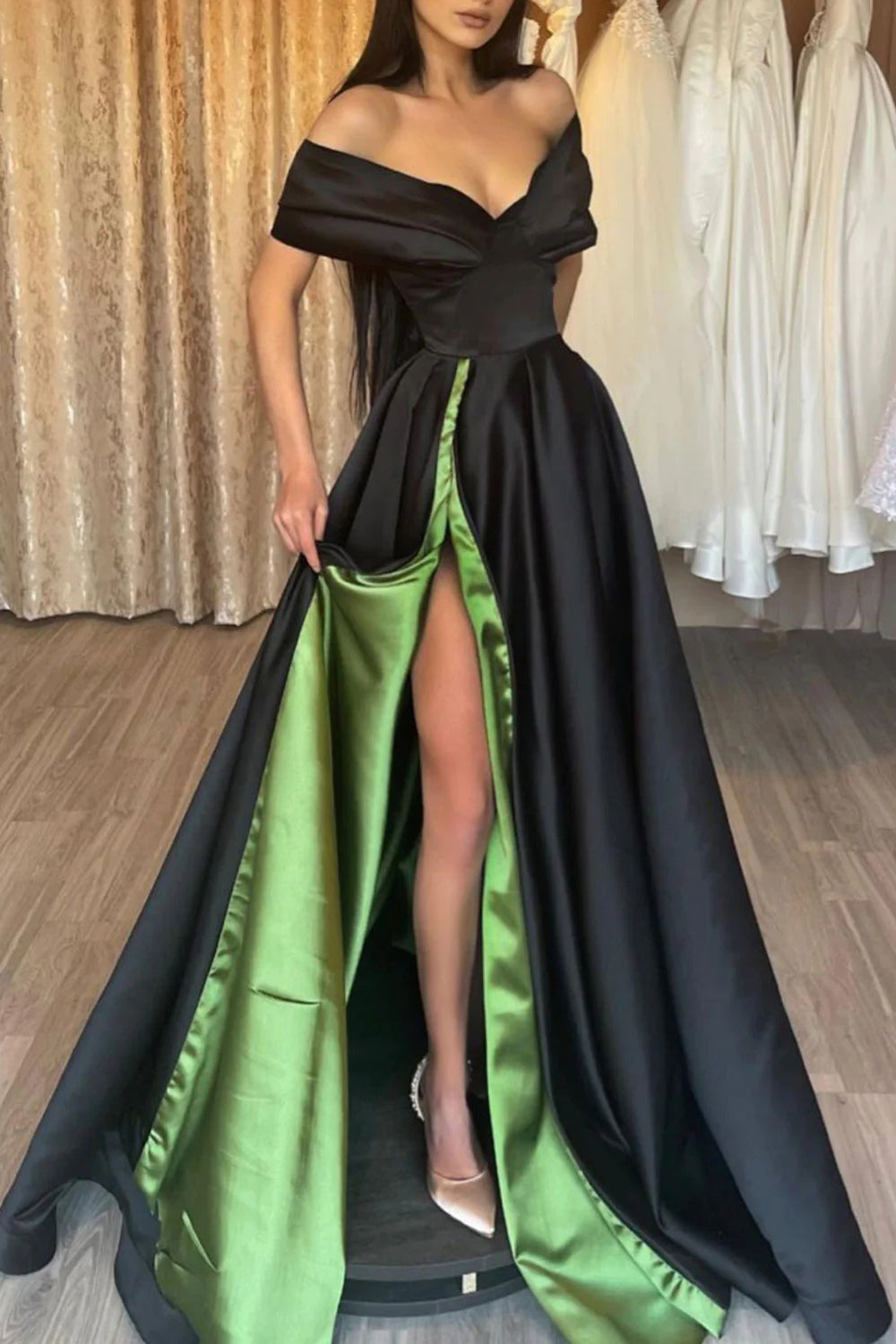 Long Black Green Prom Dress with Off-the-Shoulder Neckline and Front Split