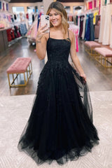 Long Black Prom Dress in A-Line Silhouette with Tulle and Lace