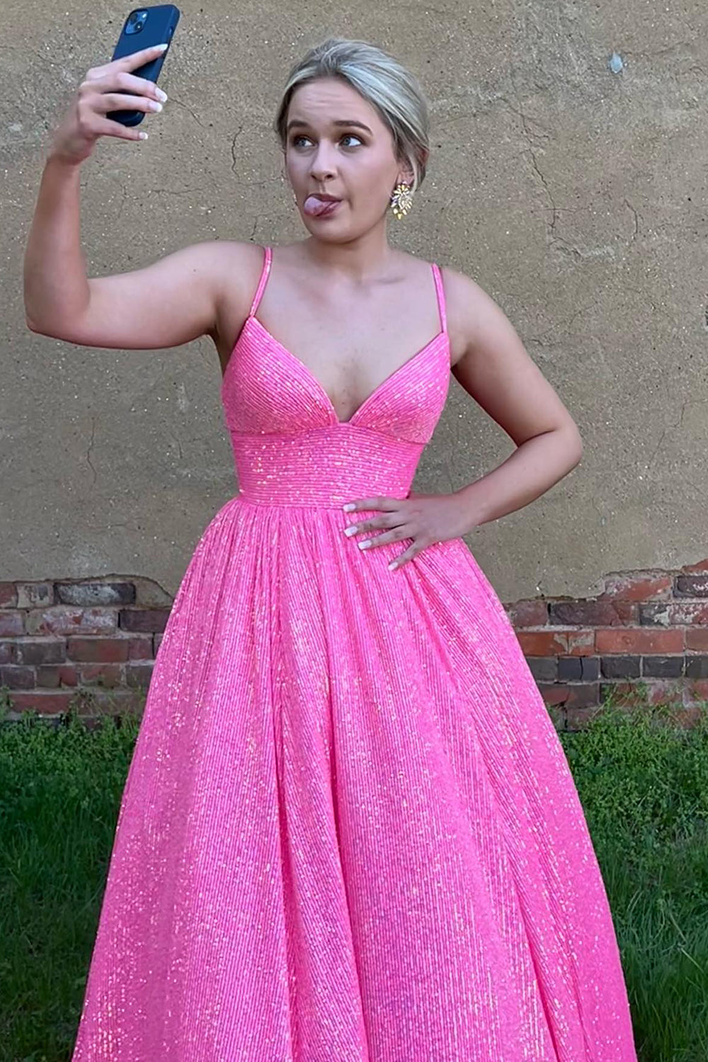 Long A-Line Prom Dress with Fuchsia Sequins and Spaghetti Straps