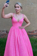 Long A-Line Prom Dress with Fuchsia Sequins and Spaghetti Straps
