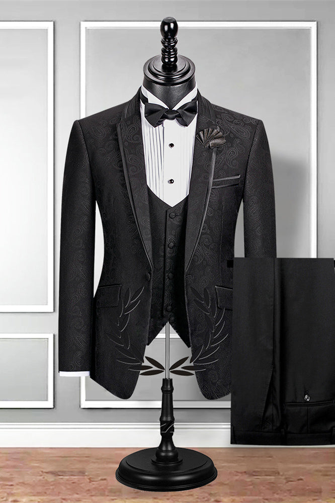 Chic Black Slim Fit Notched Lapel Jacquard Wedding Suit for Men