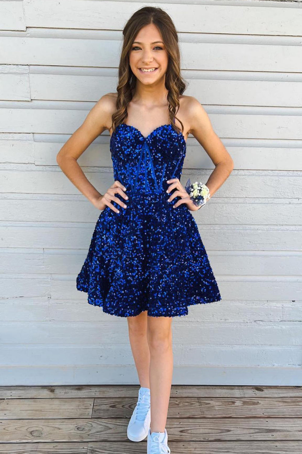 Sparkly White Corset Sweetheart A-Line Short Homecoming Dress/Mini Dress with Pockets