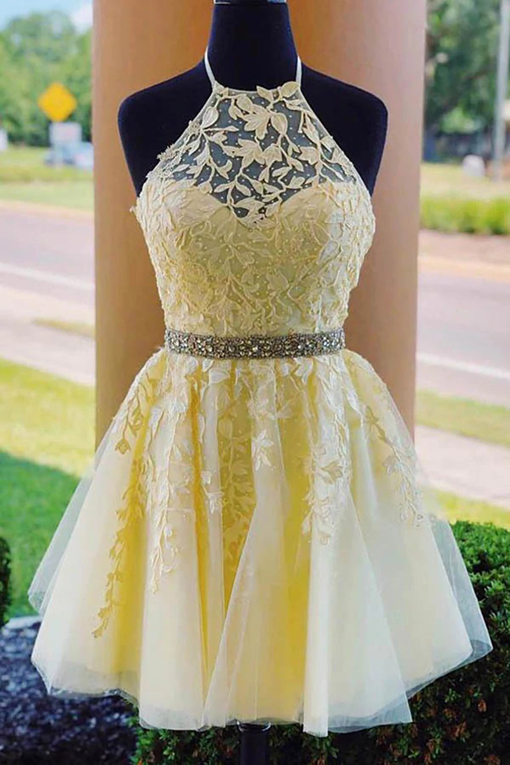 Yellow A Line Halter Backless Homecoming Dress/Mini Dress