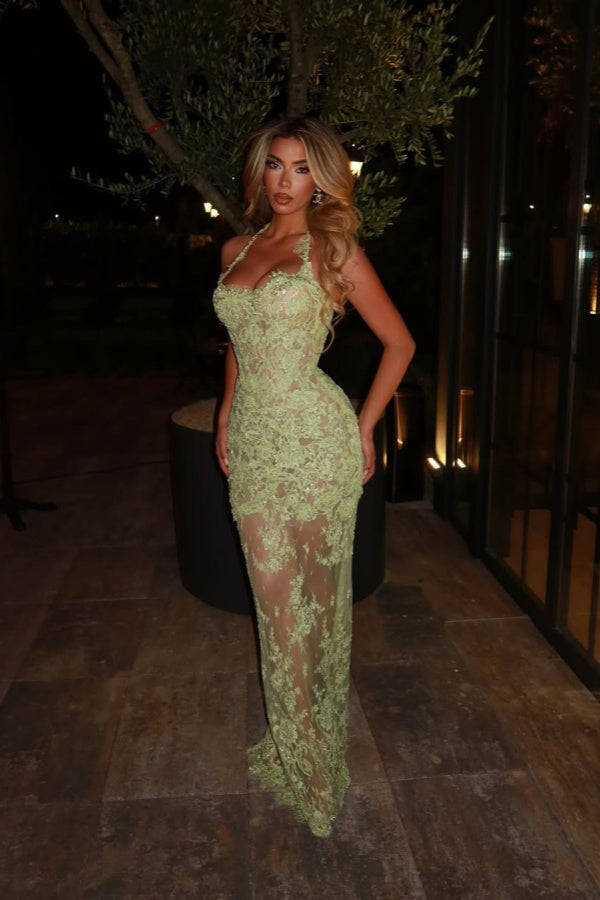 Halter Sleeveless Long Mermaid Formal Dress With Lace Embroidery
