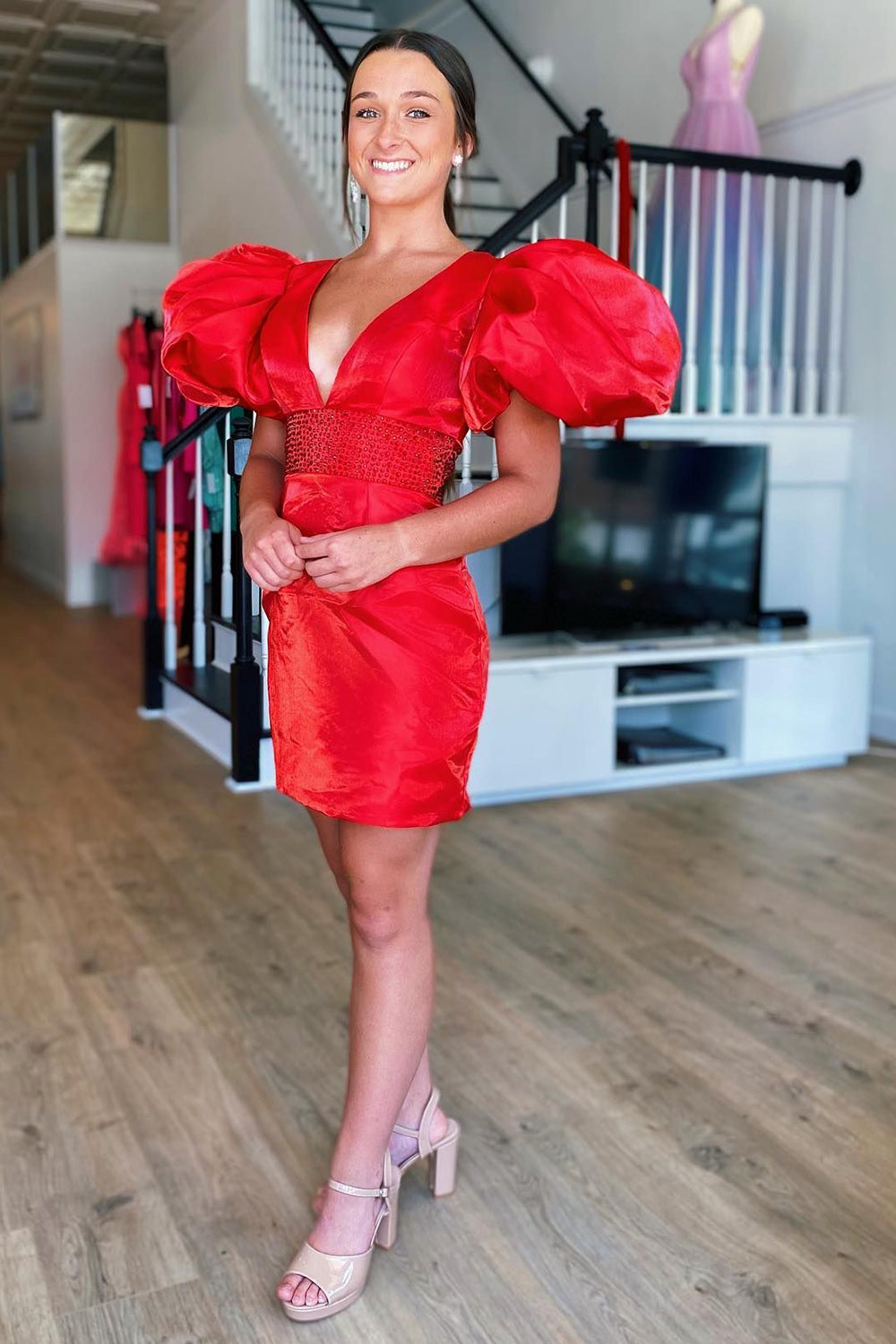 Sparkly Red Puff Sleeves Tight Short Homecoming Dress/Mini Dress with Beading