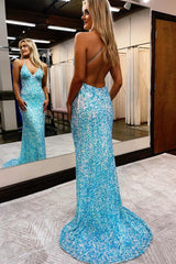 Blue Sequins Mermaid Prom Dress with Spaghetti Straps and Backless Design