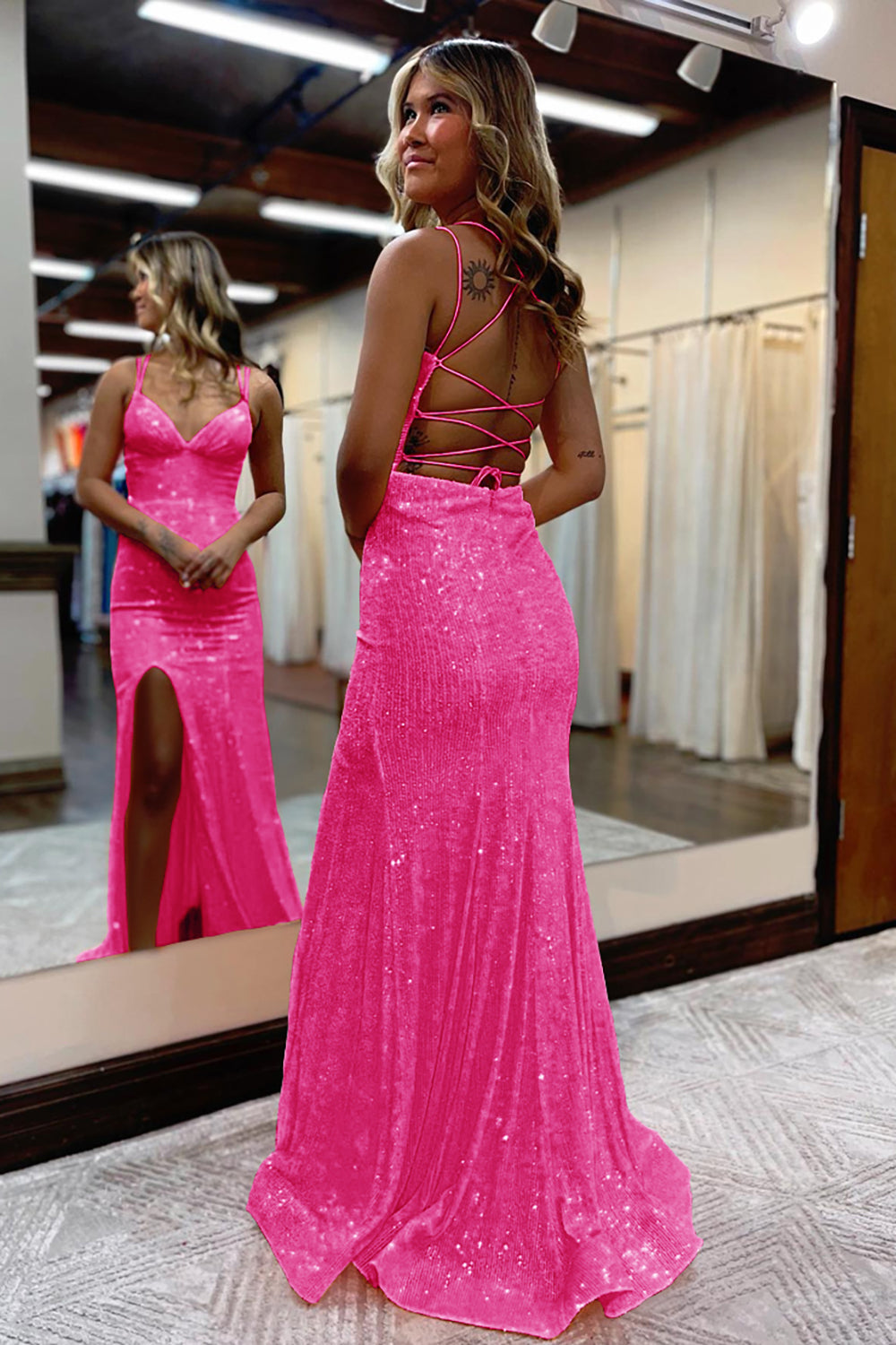 Orange Sequins Long Prom Dress with Mermaid Spaghetti Straps and Front Split