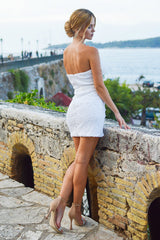 White Strapless Homecoming Dress/Mini Dress with Feathers