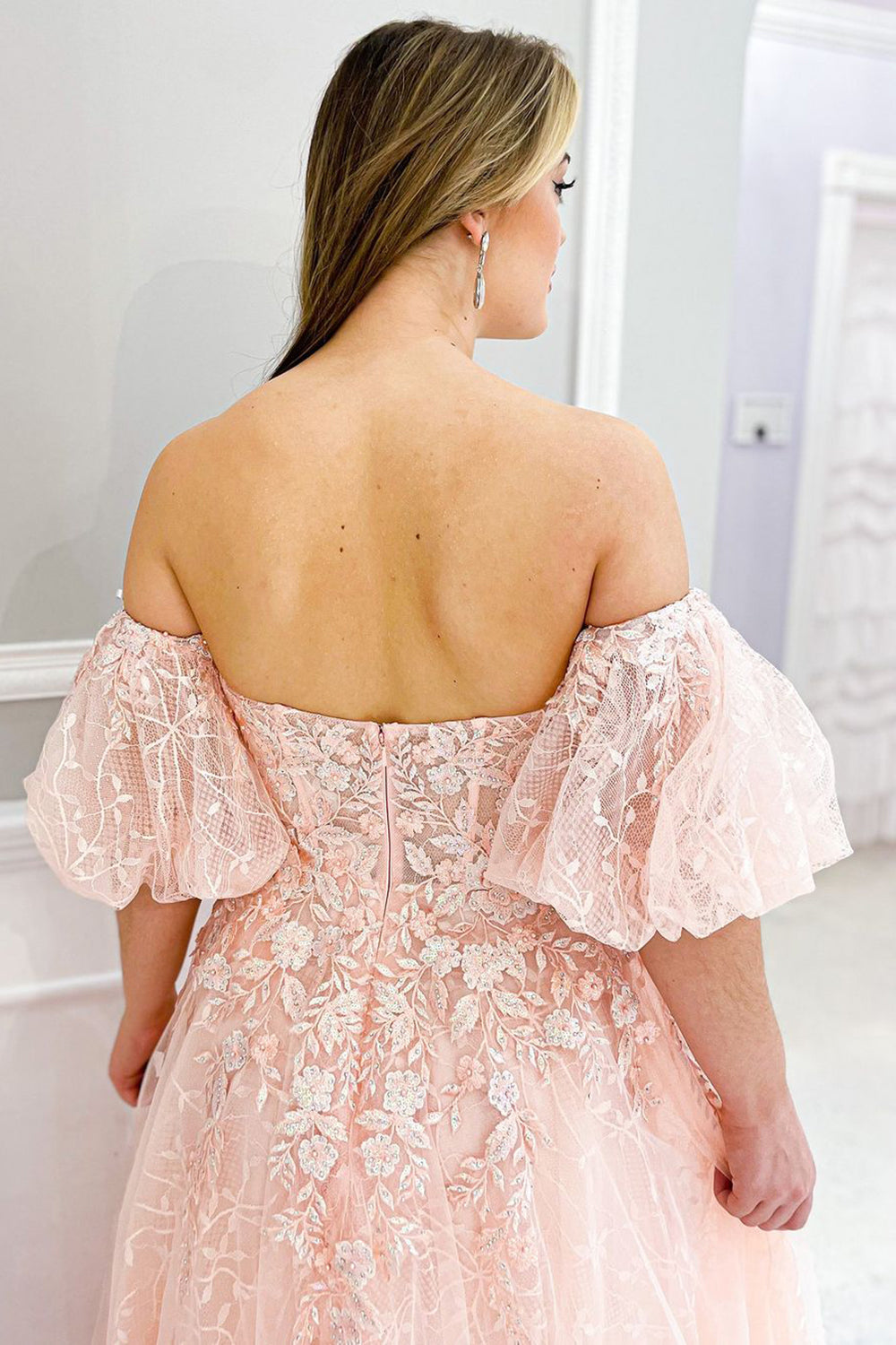 Elegant Off-the-Shoulder Blush Corset Prom Dress with Appliques in A-Line Silhouette