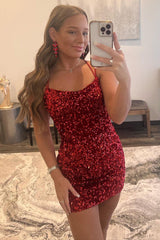 Red Tight Sequins Backless Homecoming Dress/Mini Dress