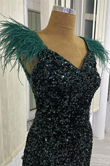 Dark Mermaid Green V-Neck Sequins Evening Dress With Feather