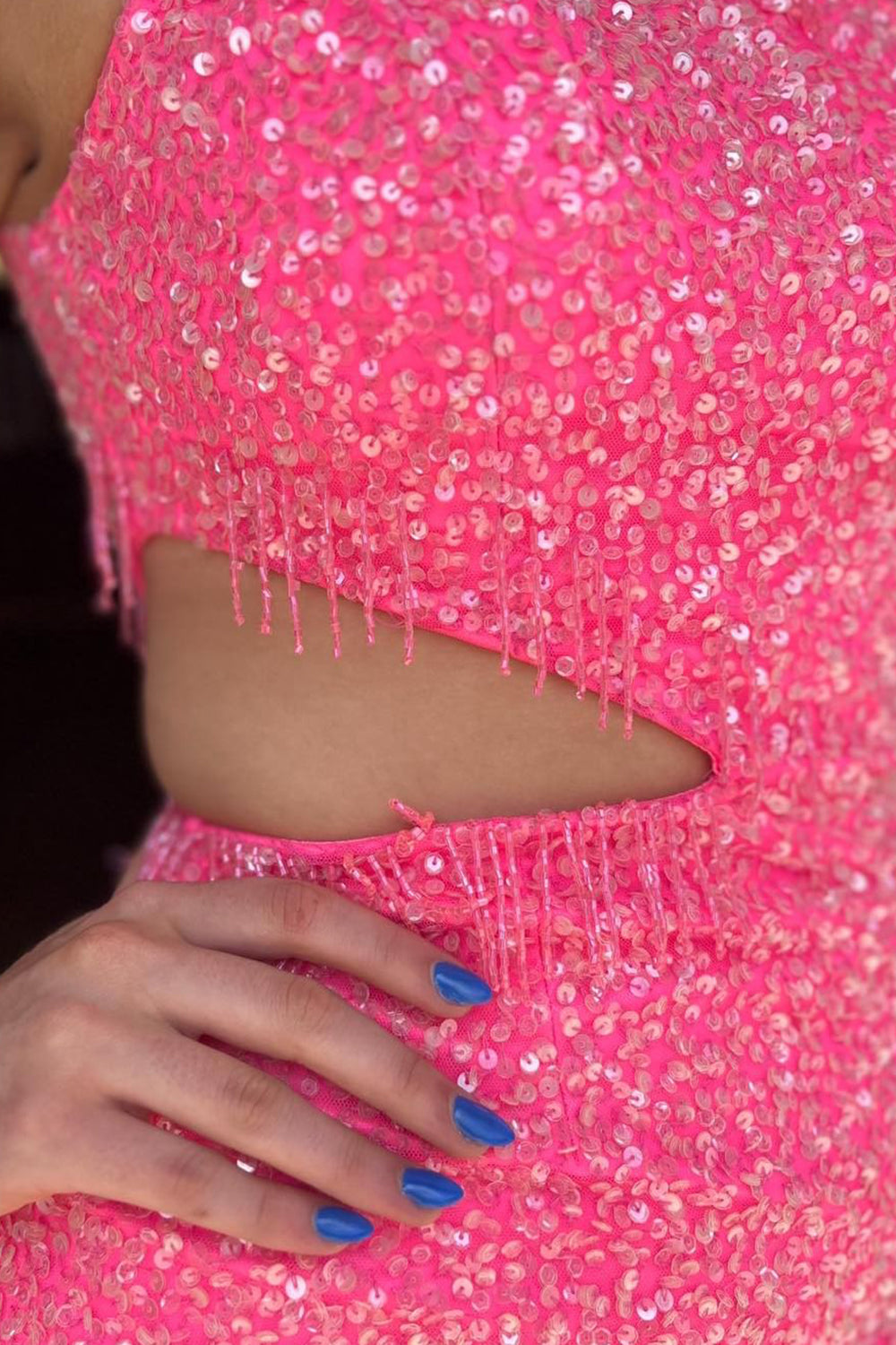 Sparkly Champagne Sequined Cut Out Tight Short Homecoming Dress/Mini Dress with Fringes
