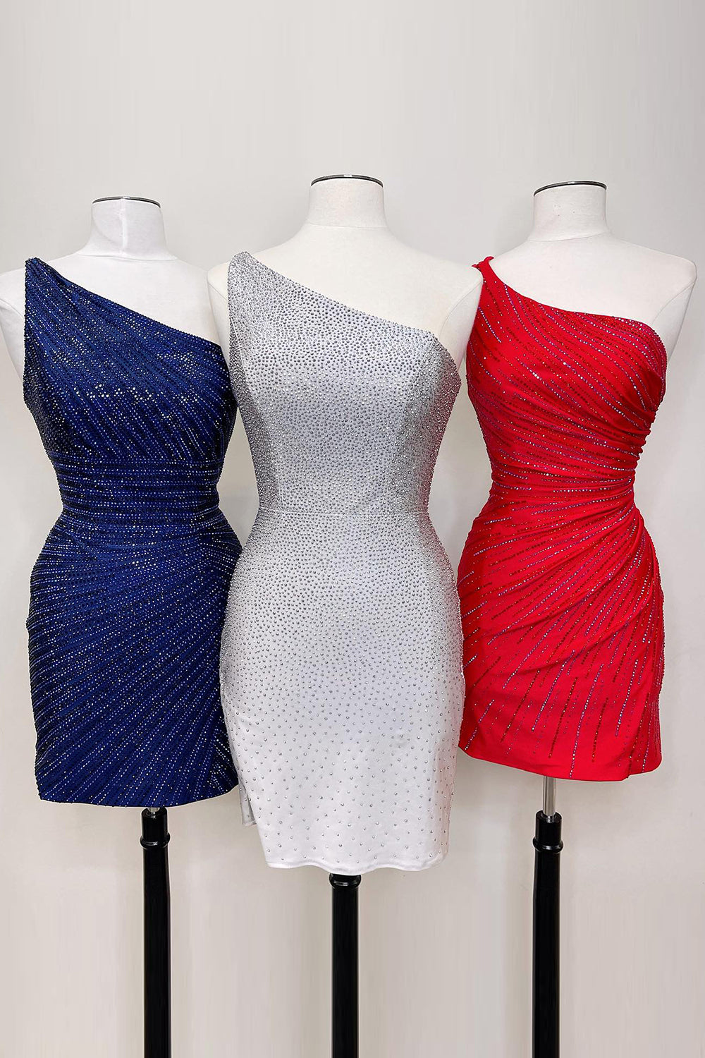 Sparkly Navy Beaded One Shoulder Tight Short Homecoming Dress/Mini Dress