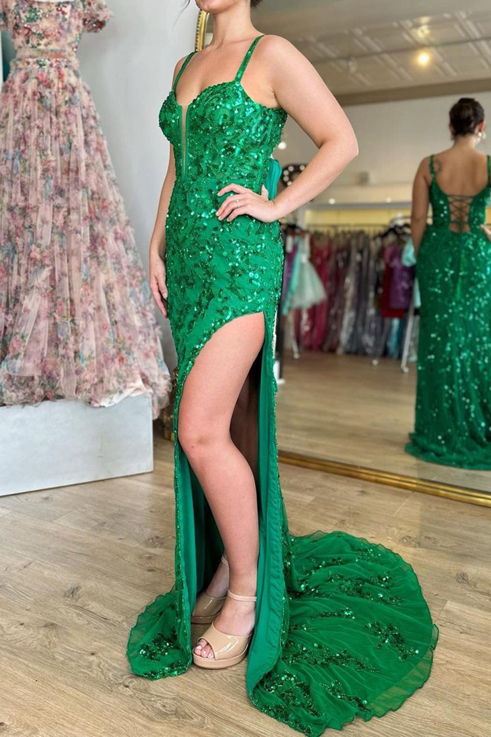 Long Blue Sparkly Prom Dress with Sheath Silhouette and Sequined Slit