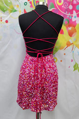 Sparkly Fuchsia Sequined Spaghetti Straps Tight Short Homecoming Dress/Mini Dress