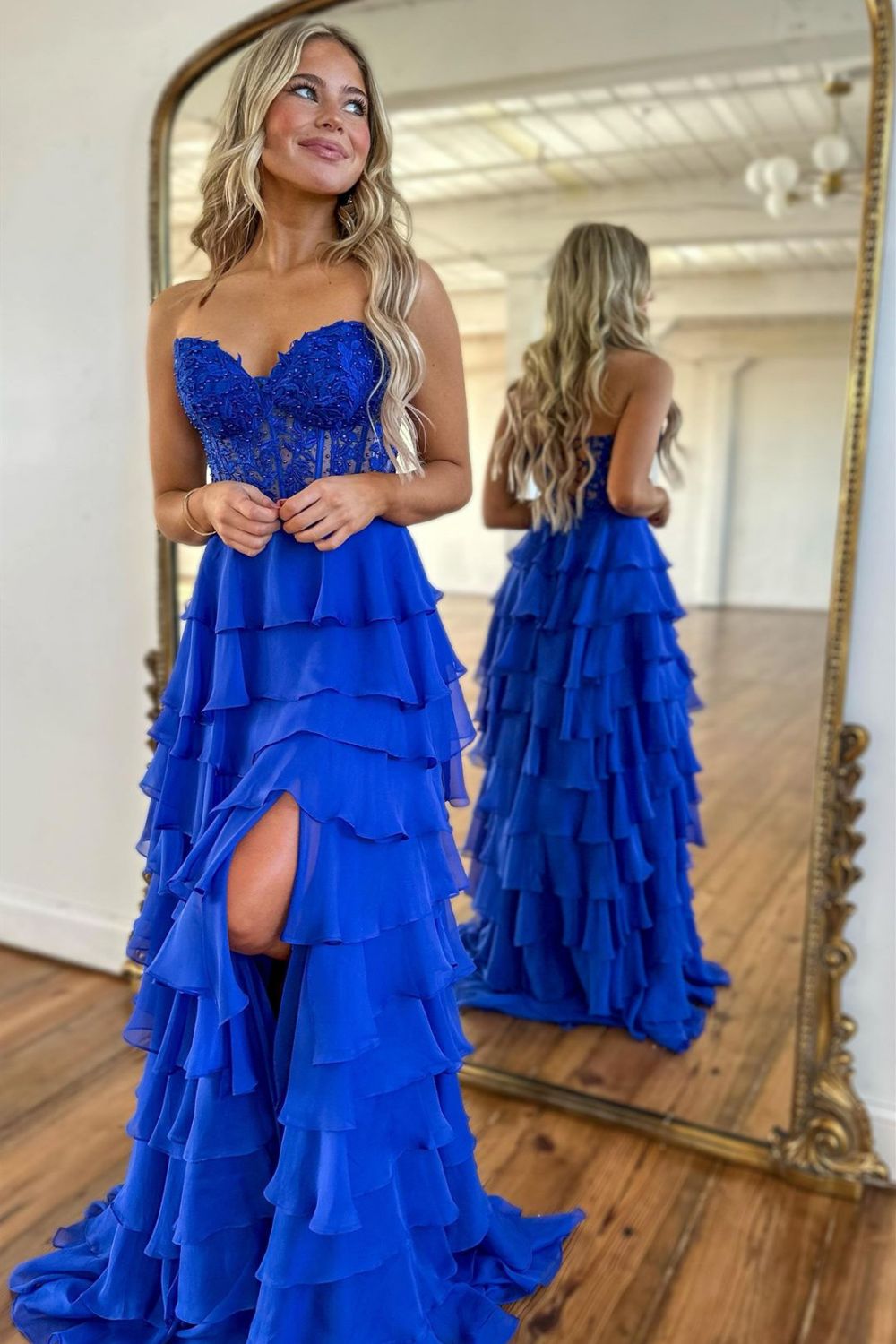 Long Chiffon Prom Dress in Lilac with A Line Corset and Tiered Slit