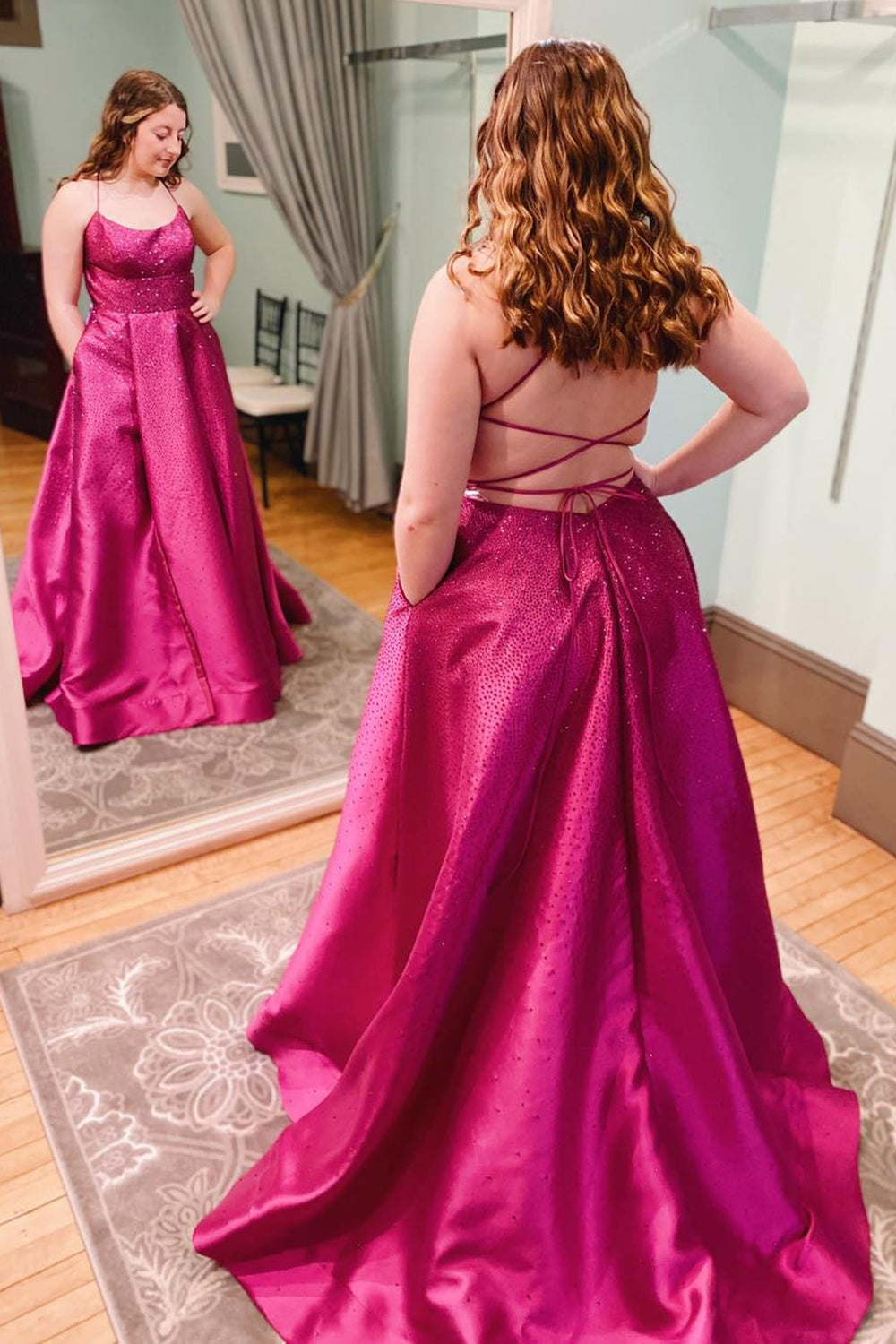 Hot Pink Plus Size A-Line Prom Dress Featuring Spaghetti Straps and Criss-Cross Back