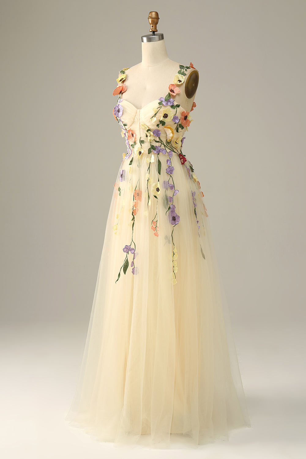 Champagne Long Prom Dress with Spaghetti Straps and Appliques in A-Line Style