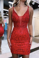 Sparkly Red Sequins Spaghetti Straps Tight Short Hoco Dress