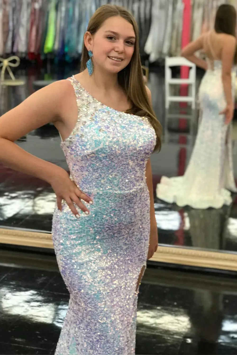 Light Blue Sequined Mermaid Prom Dress with Silt and One Shoulder