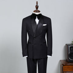 Solomon Classic All Black Double-Breasted Bespoke Wedding Suit for Grooms